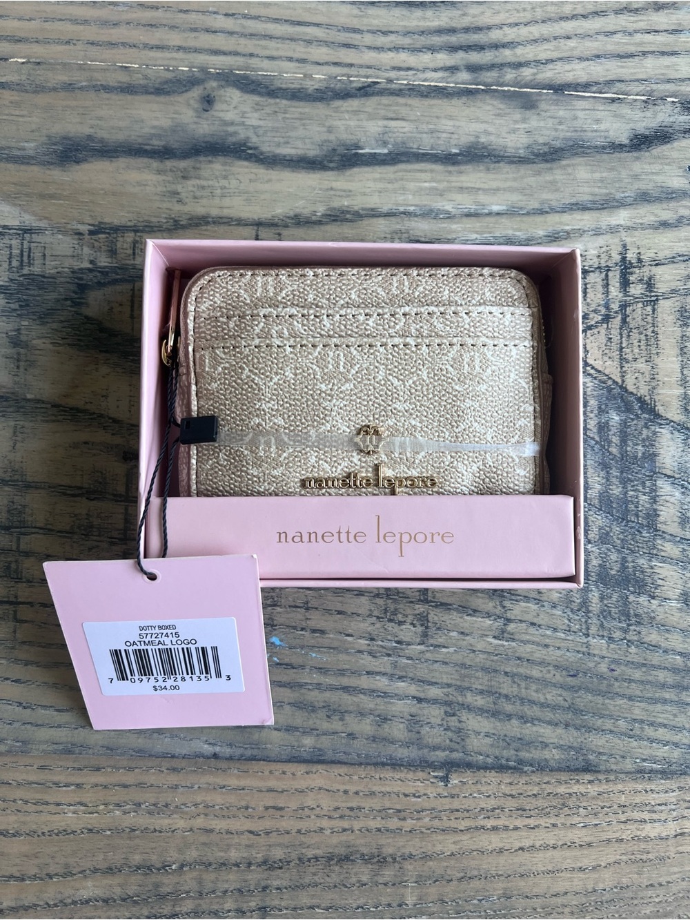 Nanette Lepore Oatmeal Textured Zip Card Wallet with Gold Logo